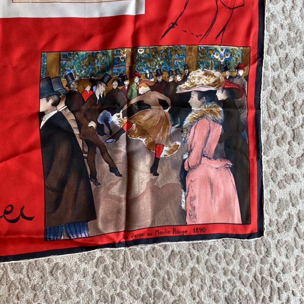 Toulouse Lautrec Moulin Rouge Art Themed Red Silk Scarf, 30” square - Picture 6 of 10